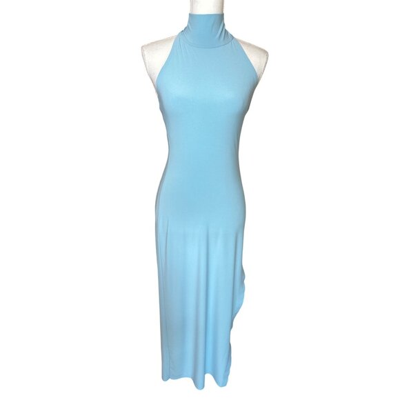 Norma Kamali Halter Turtle Side Slit Gown in Powder Blue X-Small Womens Dress - Picture 5 of 16